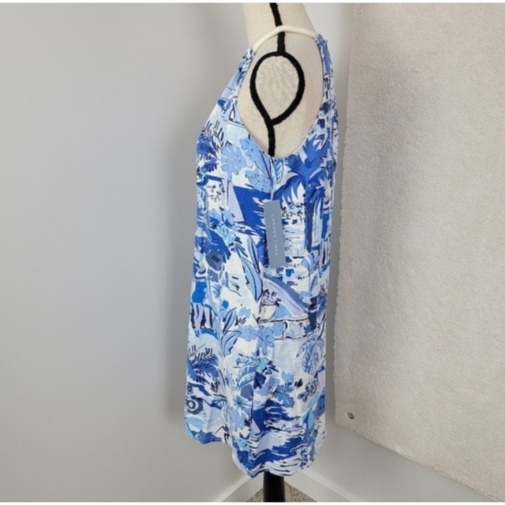 NWT London Times Blue White Tropical Palm Halter Dress Womens 8 Linen Blend New - Picture 10 of 11